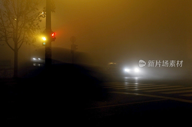 雾天夜里的交通灯