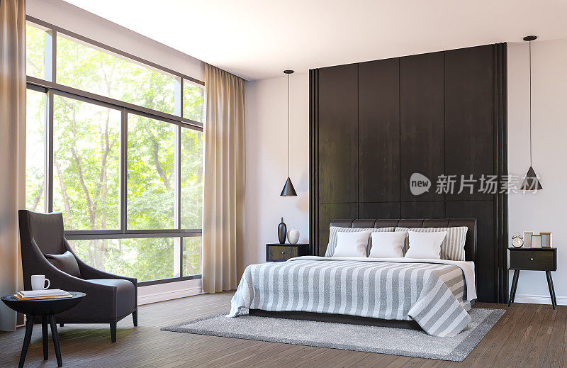 现代卧室装饰与棕色皮革家具和黑色木材3d渲染图像