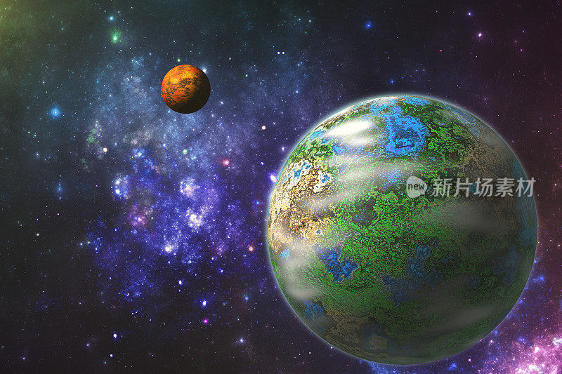 幻想宇宙3D插图，行星和月亮在蓝色星系