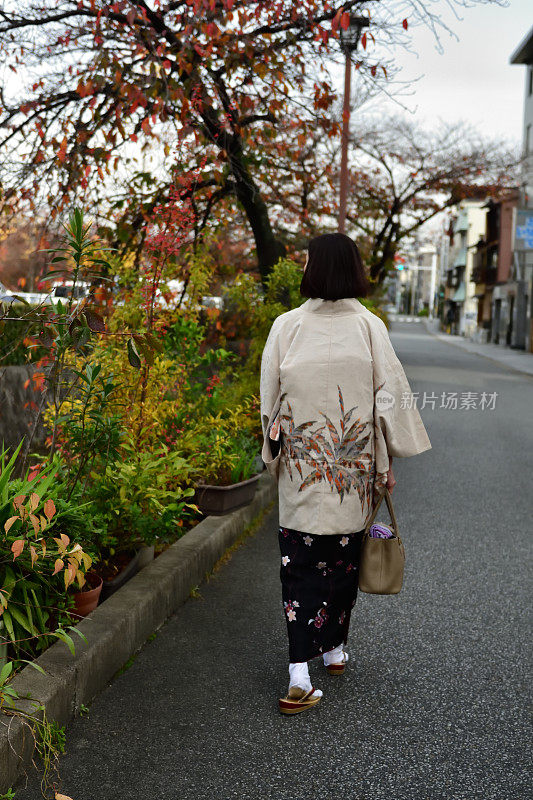 穿着和服的日本妇女行走在京都加茂河畔