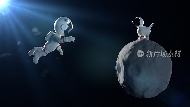 漂浮的卡通宇航员角色和一只可爱的太空狗在小行星上穿着白色太空服(3d插图)