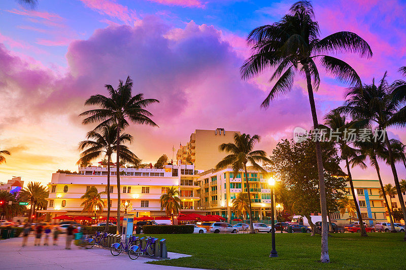 迈阿密南海滩日落佛罗里达海洋大道