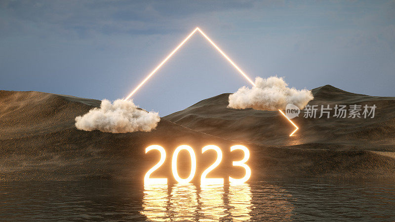 2023霓虹灯照明文字未来景观黑暗的大海
