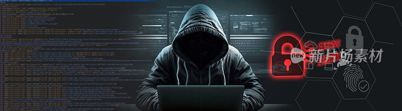 网络安全概念身份盗窃，数据库黑客，网络犯罪。黑客攻击，入侵和窃取数据。破坏系统，窃取数据。