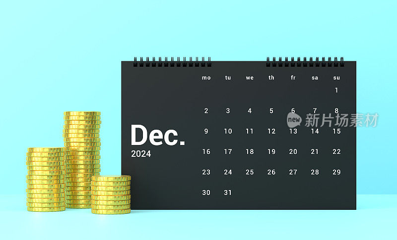 金币和2024年12月日历在蓝色背景