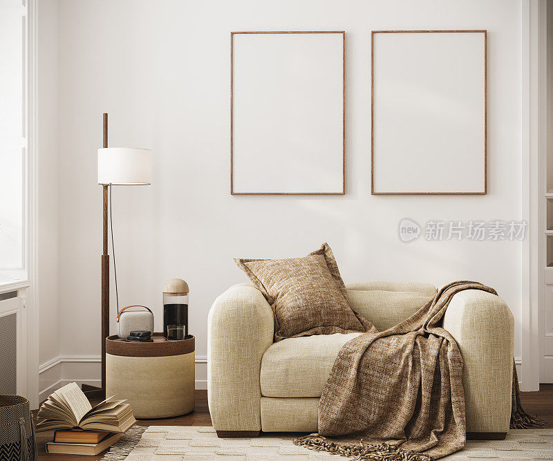 模拟海报框架在现代室内背景，客厅，斯堪的纳维亚风格