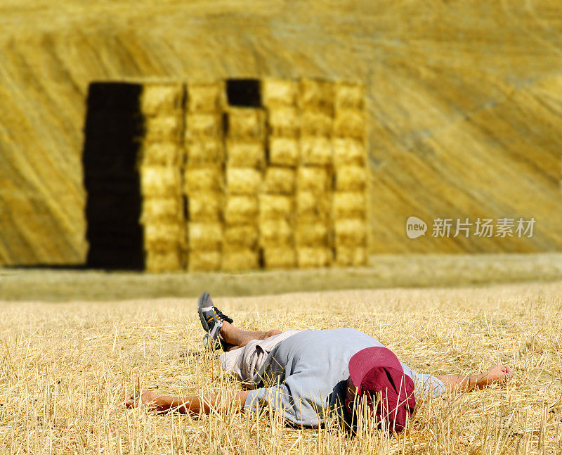 农夫在干草堆前休息