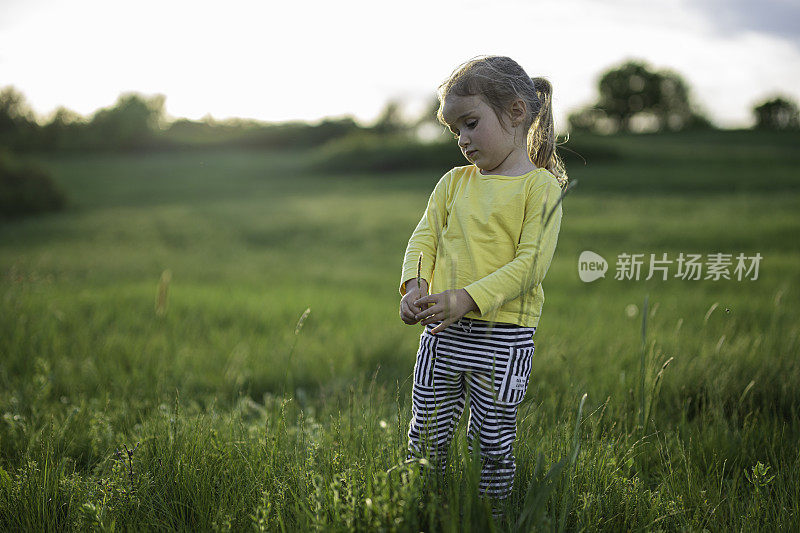 日落时自然的快乐孩子，复制空间。