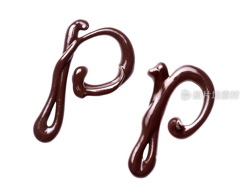 由融化的巧克力制成的拉丁字母的大小字母P，孤立在白色的背景上