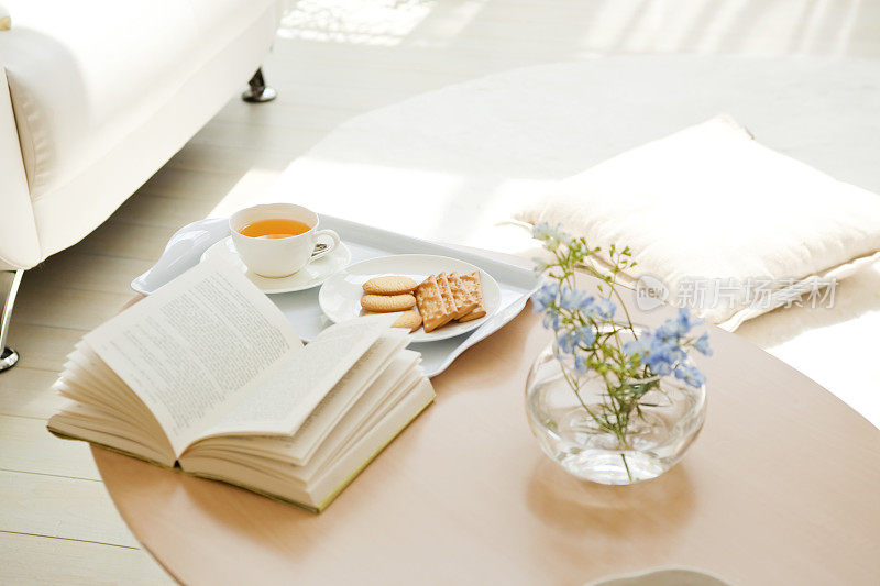 橙汁，饼干和一本书放在客厅的桌子上