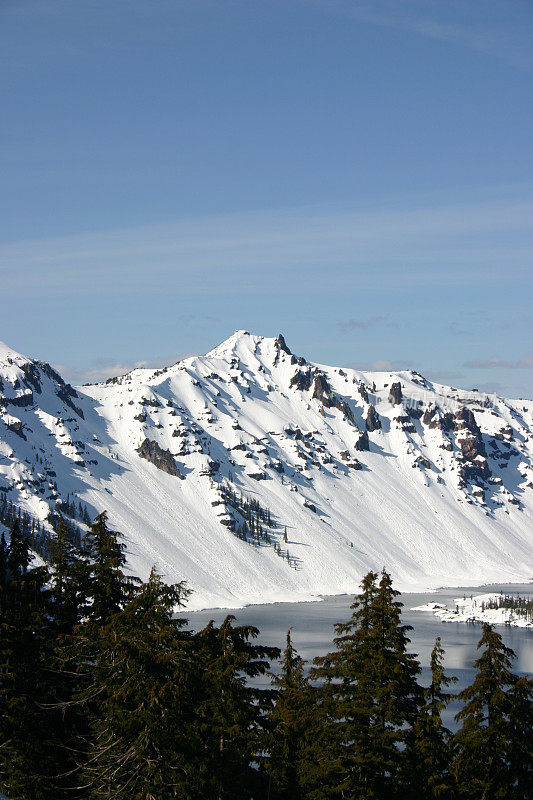 火山口湖上的雪山