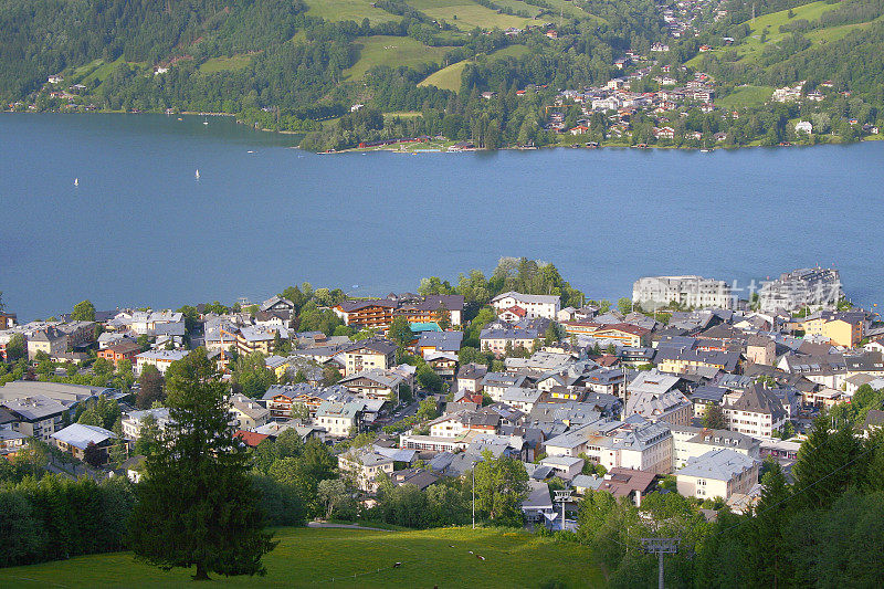 俯瞰泽勒湖-泽尔am看风景鸟瞰图，泰洛风景在奥地利萨尔茨堡，奥地利