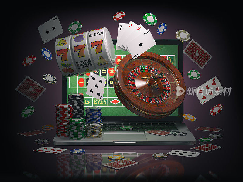 网上赌博的概念。笔记本轮盘赌，老虎机，筹码和卡片