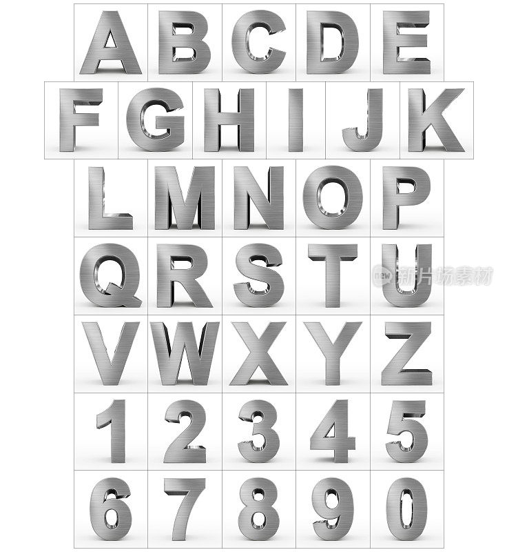 字母和数字3d金属隔离在白色