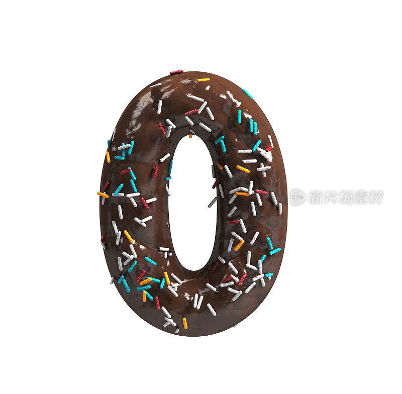 巧克力蛋糕甜甜圈字体与彩色点缀。美味的数字0