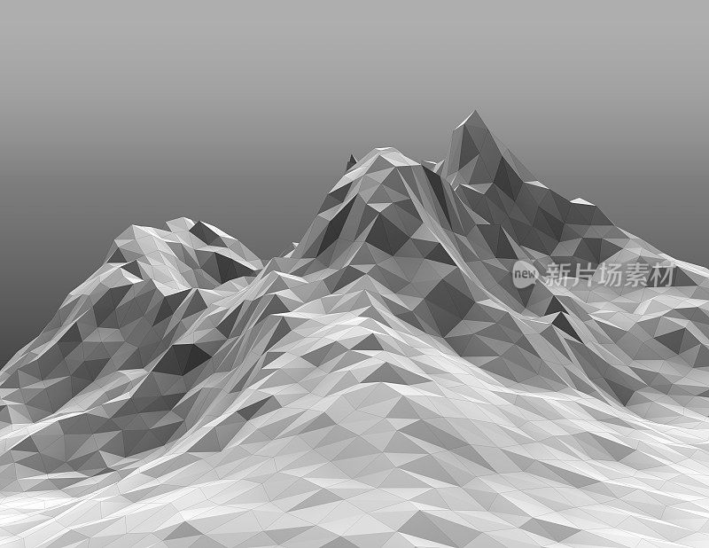 雪域多边形几何山脉黑白3D渲染。