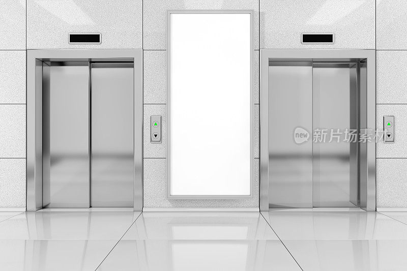 办公大楼的现代电梯或金属门电梯附近的空白广告广告牌或海报。3d渲染