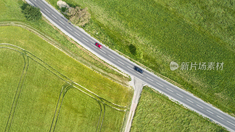 道路穿过农业区，鸟瞰图