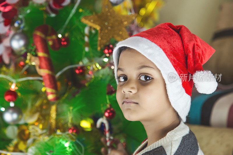 快乐的小女孩装饰圣诞树