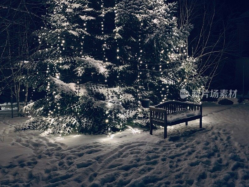 照亮了室外圣诞树的夜晚，白雪覆盖