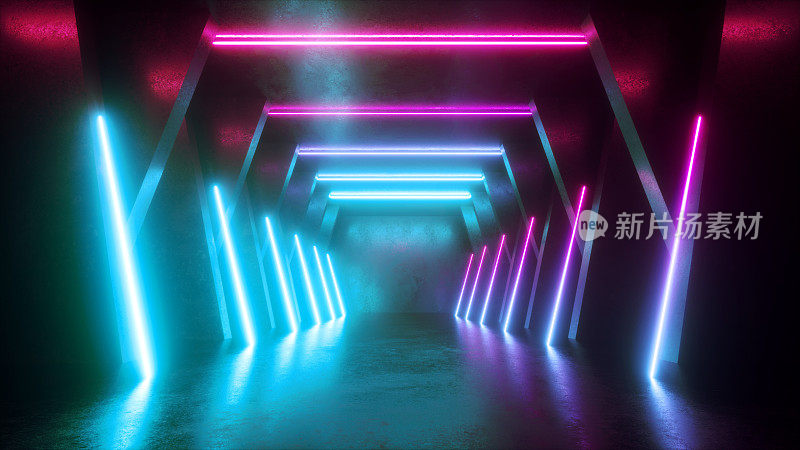 3d渲染，抽象霓虹背景，空隧道，长走廊，发光线，几何，紫外线