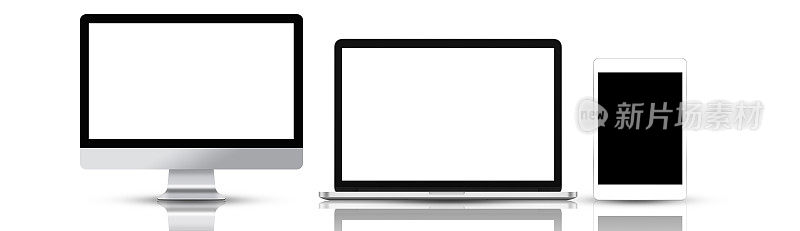 模拟的空白屏幕电脑，笔记本电脑和平板电脑孤立的白色背景与剪辑路径