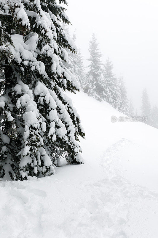 冬天山上积雪的山坡上留下了人的脚印