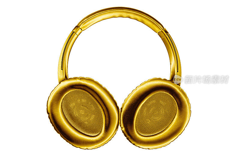金色无线耳机白色背景隔离近距离，豪华金色蓝牙耳机，现代wi-fi黄色金属耳机，音频标志，音乐符号，立体声声音图标，电子标志