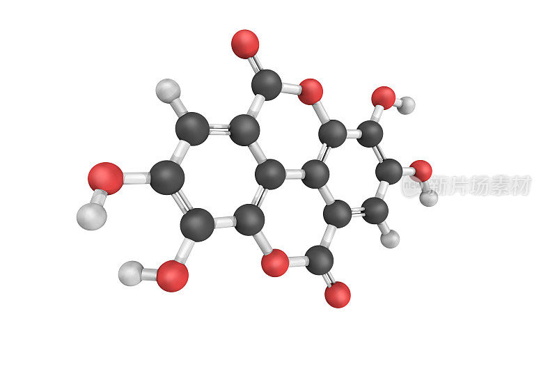 鞣花酸的三维结构。鞣花酸是一种天然的酚类抗氧化剂，存在于许多水果和蔬菜中。抗增殖和抗氧化特性具有潜在的健康益处