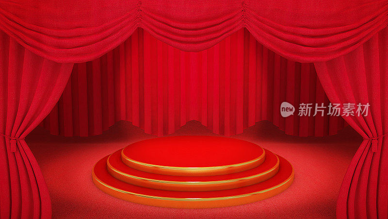 红色和金色舞台上的红色剧场幕布背景。