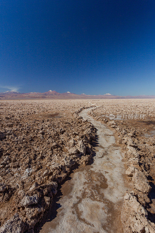 智利阿塔卡马沙漠的弗拉门戈斯国家保护区的火烈鸟国家公园，由盐石砌成的长而弯曲的小路。