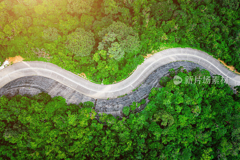 鸟瞰图的乡村道路在绿色的夏季森林。香港的乡郊景观