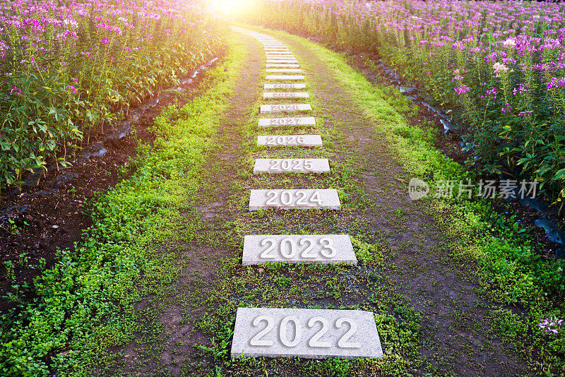 在春天花园的石头小路上有2022到2030个