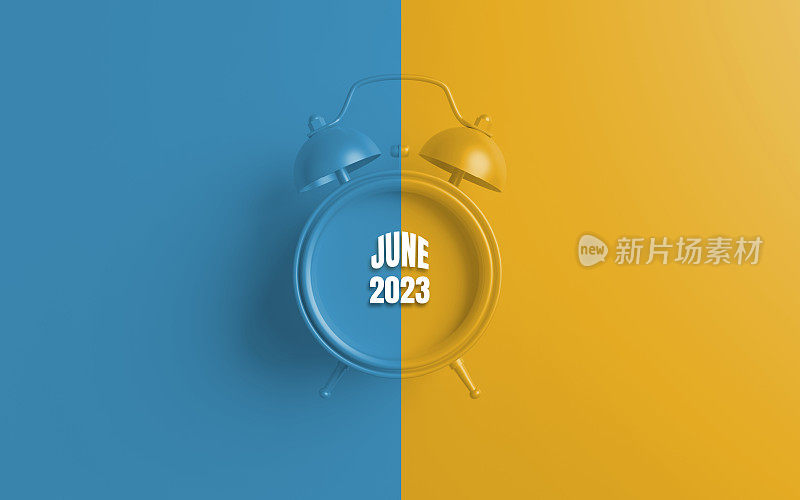 蓝黄背景的2023年6月日历闹钟