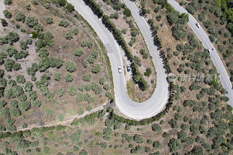 汽车在乡村道路上穿过森林的鸟瞰图。森林之路