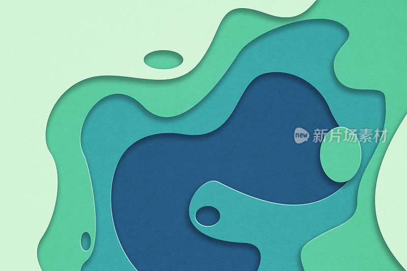抽象垃圾蓝色和绿色彩色纸雕刻模板背景，3D插图。用于书籍封面或年度报告模板，商业演示文稿，传单，海报