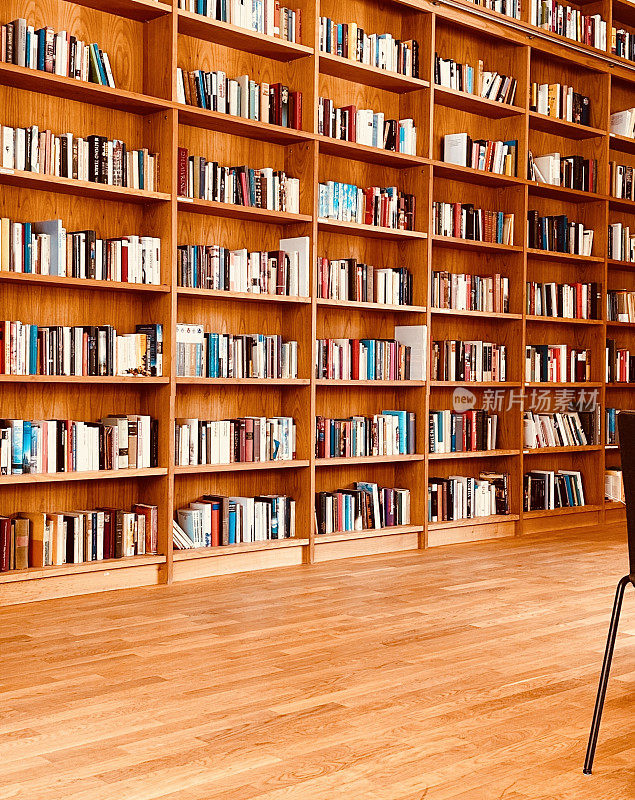 图书馆，拼花地板和充分包装的木质书架