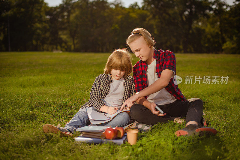 两个男孩在绿草地上做作业，大一点的男孩正在教小一点的男孩
