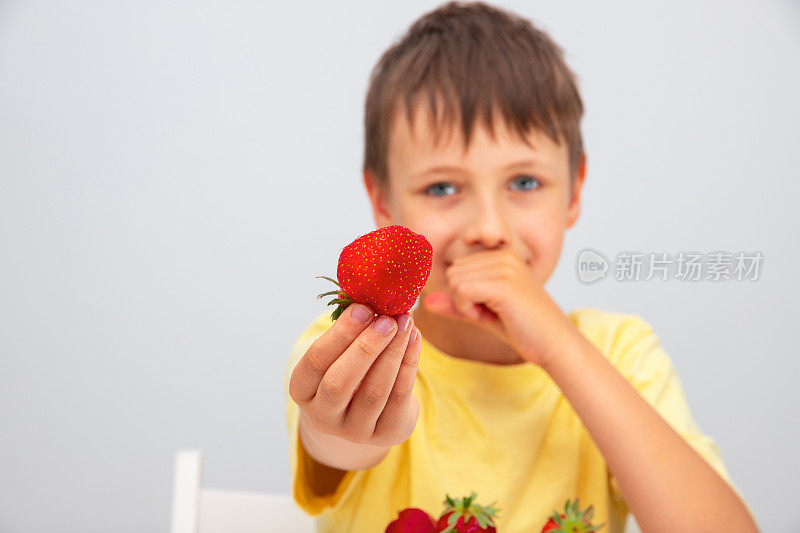 这个男孩吃成熟的红草莓。这个孩子手里拿着一个草莓。关注前景