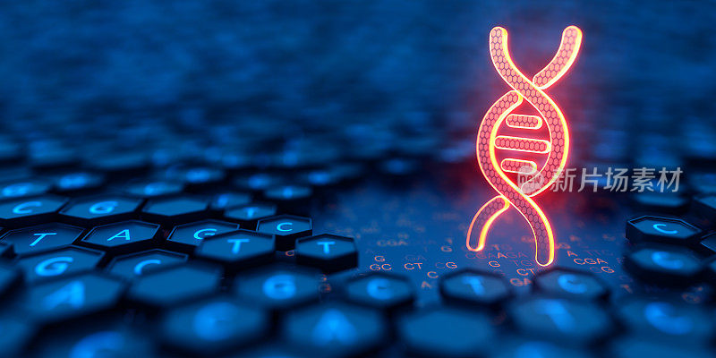 数字屏幕发光的DNA链和测序ATGC数据背景。双螺旋结构。核酸序列。遗传研究。