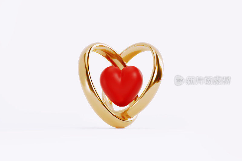 金色的结婚戒指在白色的背景上形成心形