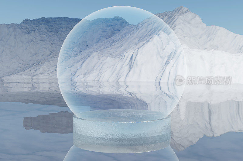 3d渲染自然背景，冰面平台与水面上的空透明光球，背景冰雪山和晴朗的天空，用于产品展示，广告，模型等