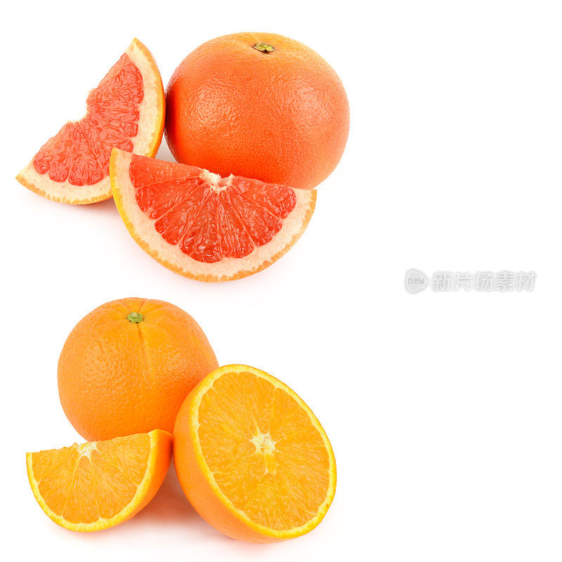 成熟多汁的橙子和葡萄柚在白色上分离。有文字的空闲空间。拼贴画。