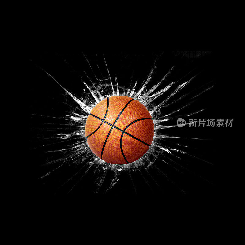 快篮球。透过黑色背景的碎玻璃