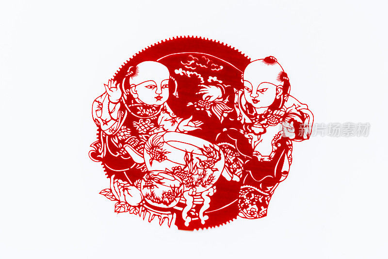 中国传统剪纸艺术图案、花窗。象征着幸福和好运。中国新年装饰元素。汉字(幸福、长寿、和平、财富、丰饶)