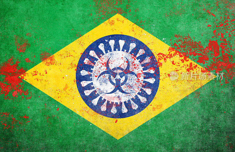 带有冠状病毒和生物危害标志的巴西国旗