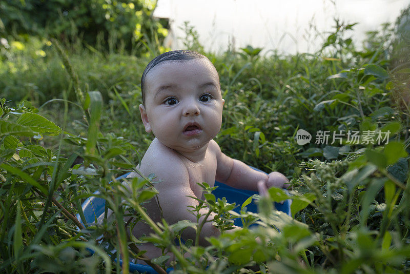 可爱的小男孩在盆子里，在花园里洗澡