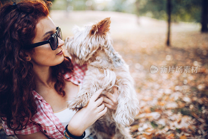 美丽的年轻女孩和她的约克夏梗犬