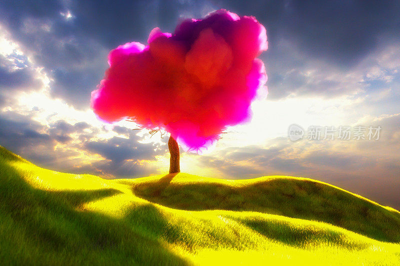 粉红色的云被困在树上(3d渲染)