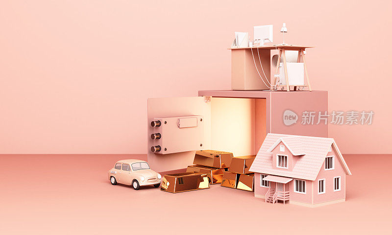 考虑到家庭，汽车和工作与一个开放的保险箱和粉红色粉彩的金条的概念，生活3D渲染
